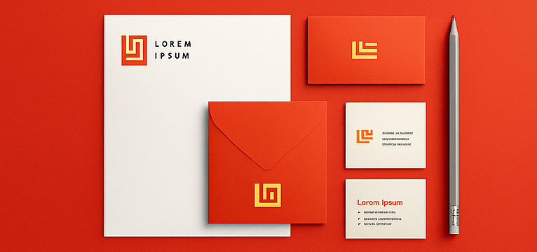 Mockup de branding avec logo, palette de couleurs et cartes de visite sur fond rouge, illustrant une identité visuelle cohérente